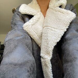Grey leather and Sherpa long coat